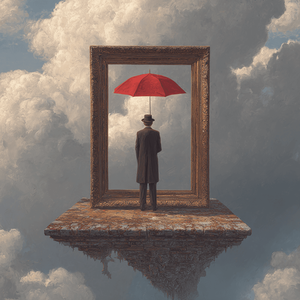 Strategic Protection - Person with umbrella in surreal landscape